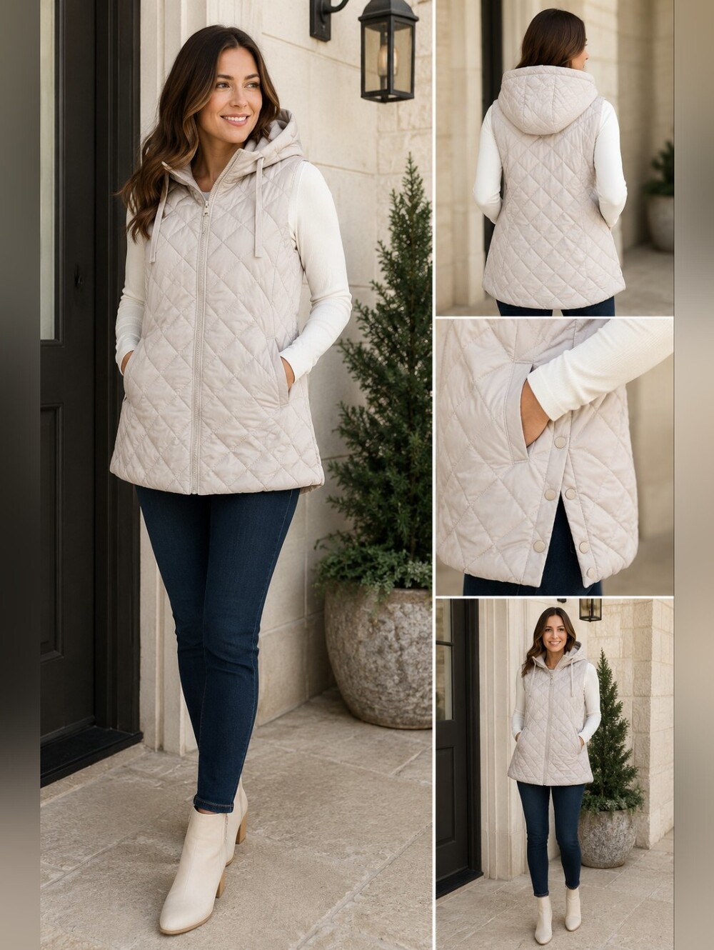 Women's Quilted Hooded Puffer Vest Size Large Light Beige Zip Front New